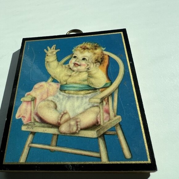 Wood Plaque Wall Decor, Charlotte Becker, Baby In Chair, 3.25"x2.75" Vintage - Picture 3 of 12
